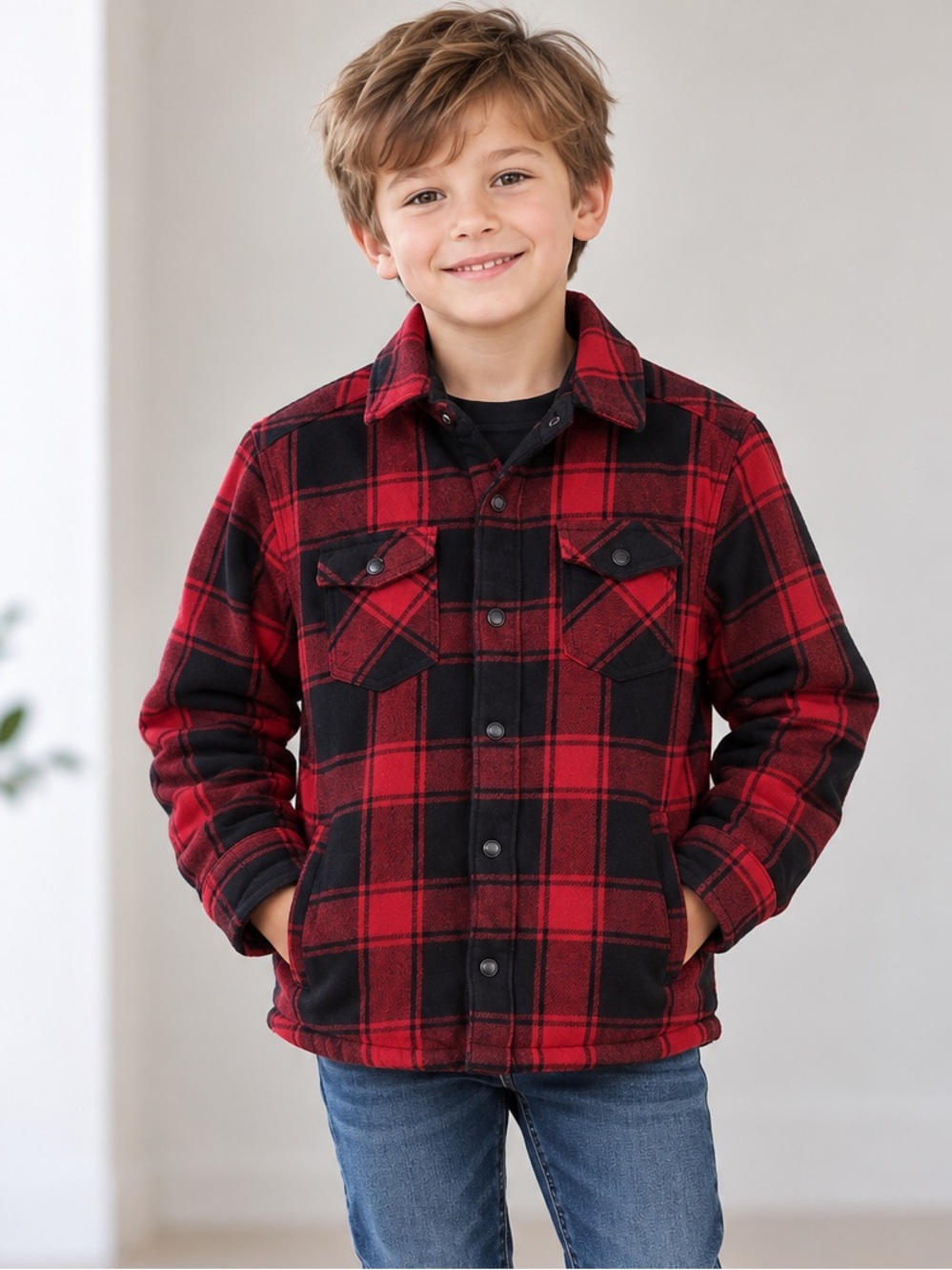 West 49 Boys S (7–8) Red Black Plaid Quilted Flannel Shacket